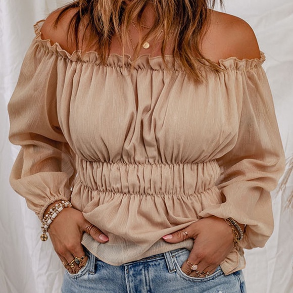 Frill Trim Off-Shoulder Elastic Waist Blouse